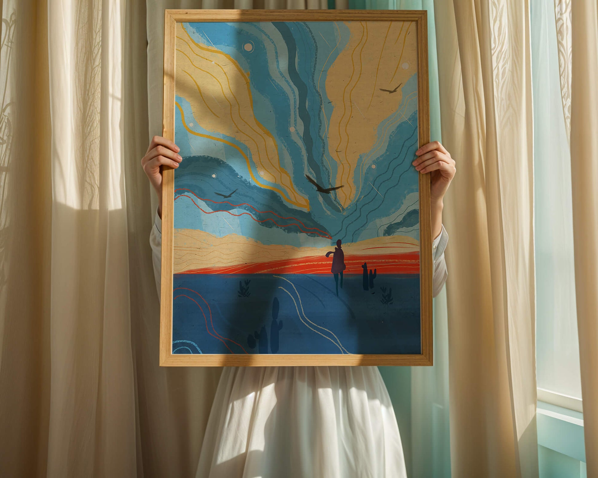 Colorful abstract landscape with figure and birds
