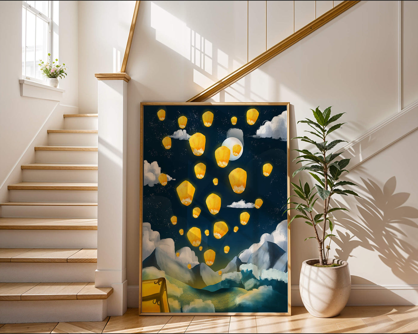 Lanterns floating in a starry night sky over mountains