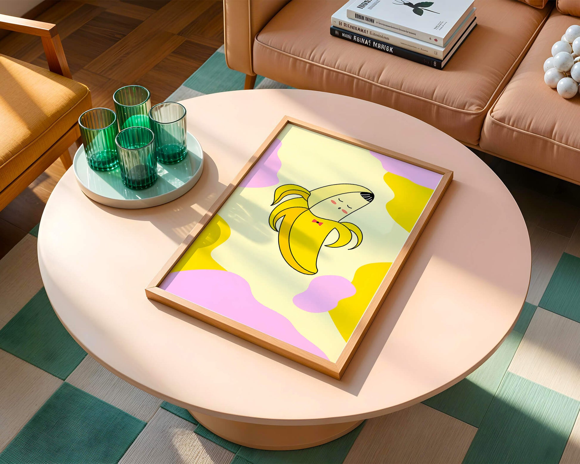 Quirky animated banana with bow tie on colorful abstract background