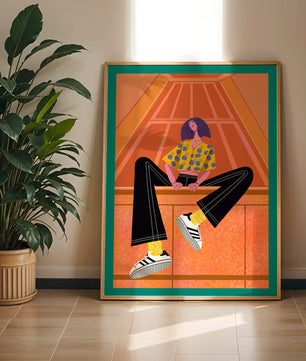Stylish woman sitting in a vibrant geometric setting