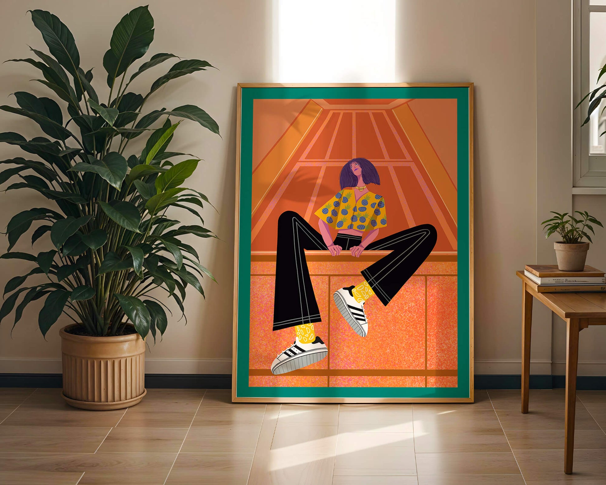 Stylish woman sitting in a vibrant geometric setting