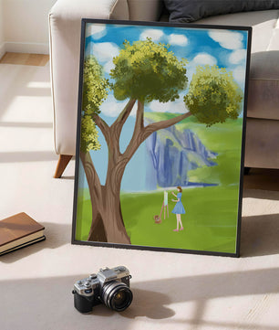 Young woman painting near a tree by a waterfall with a vibrant sky