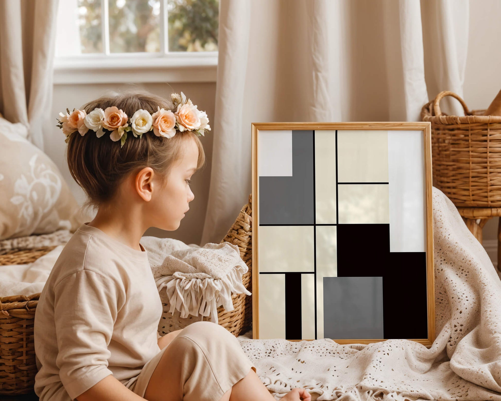 Abstract geometric design with muted shades and bold lines