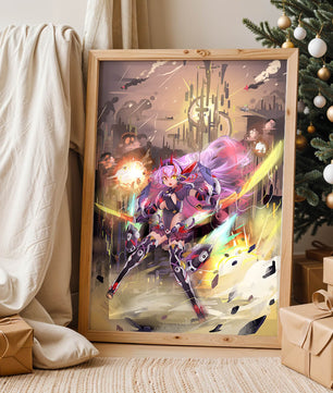 Personnage d’anime guerrier futuriste avec des lames d’énergie dans un paysage urbain de science-fiction