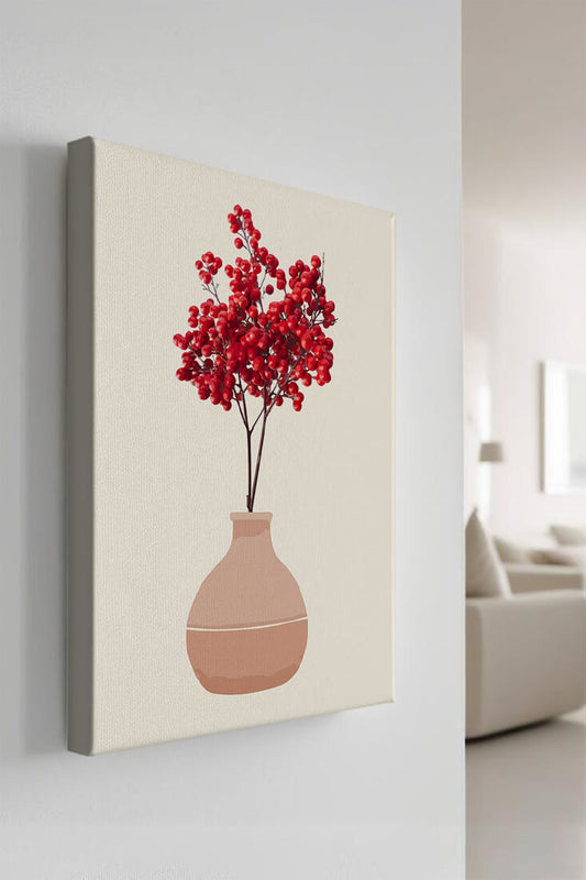 Red berries in minimalist clay vase on neutral background