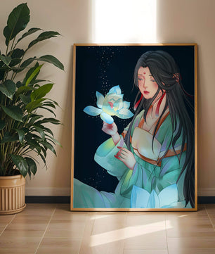 Elegant Woman Holding Glowing Lotus in Tranquil Nightscape