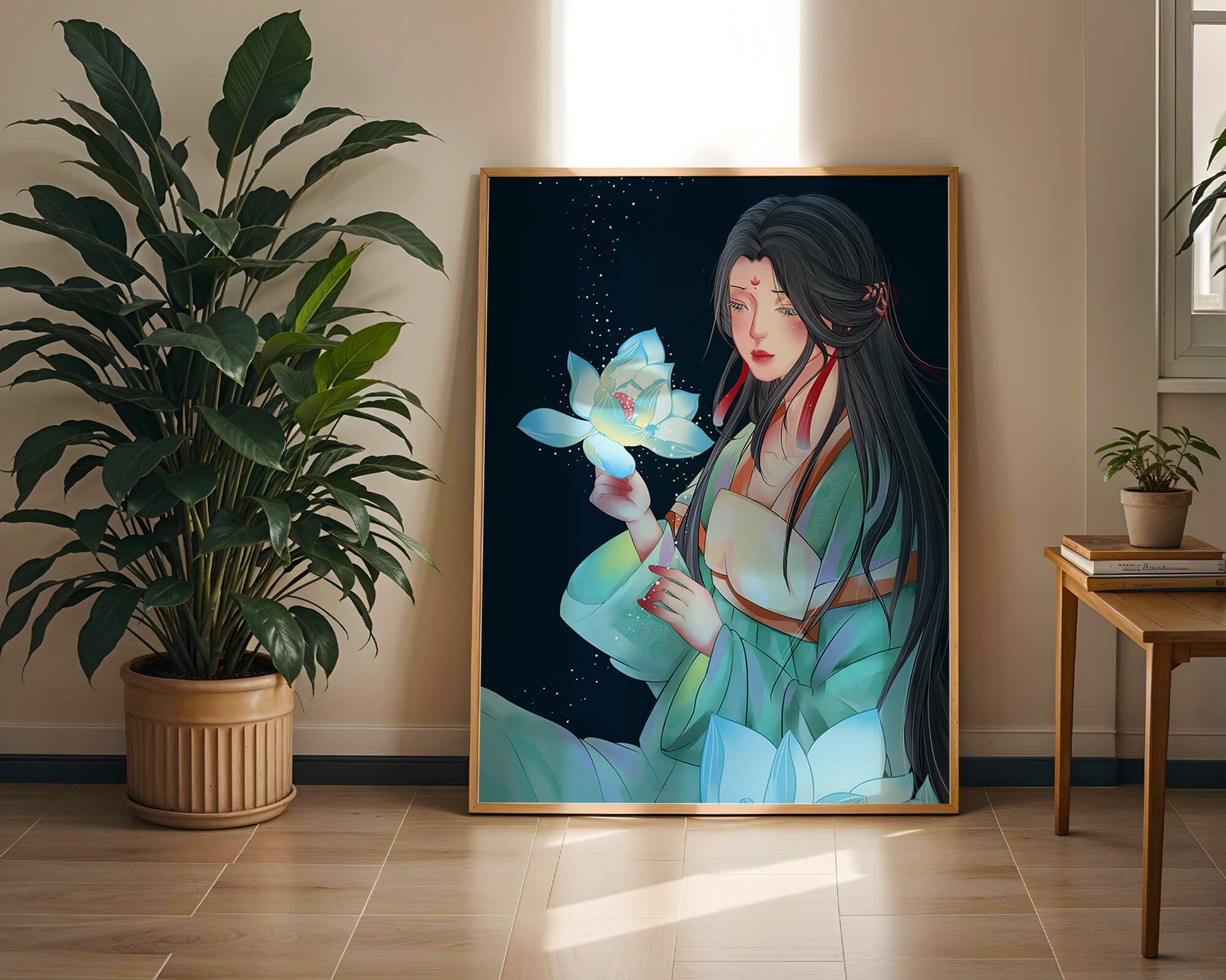 Elegant Woman Holding Glowing Lotus in Tranquil Nightscape