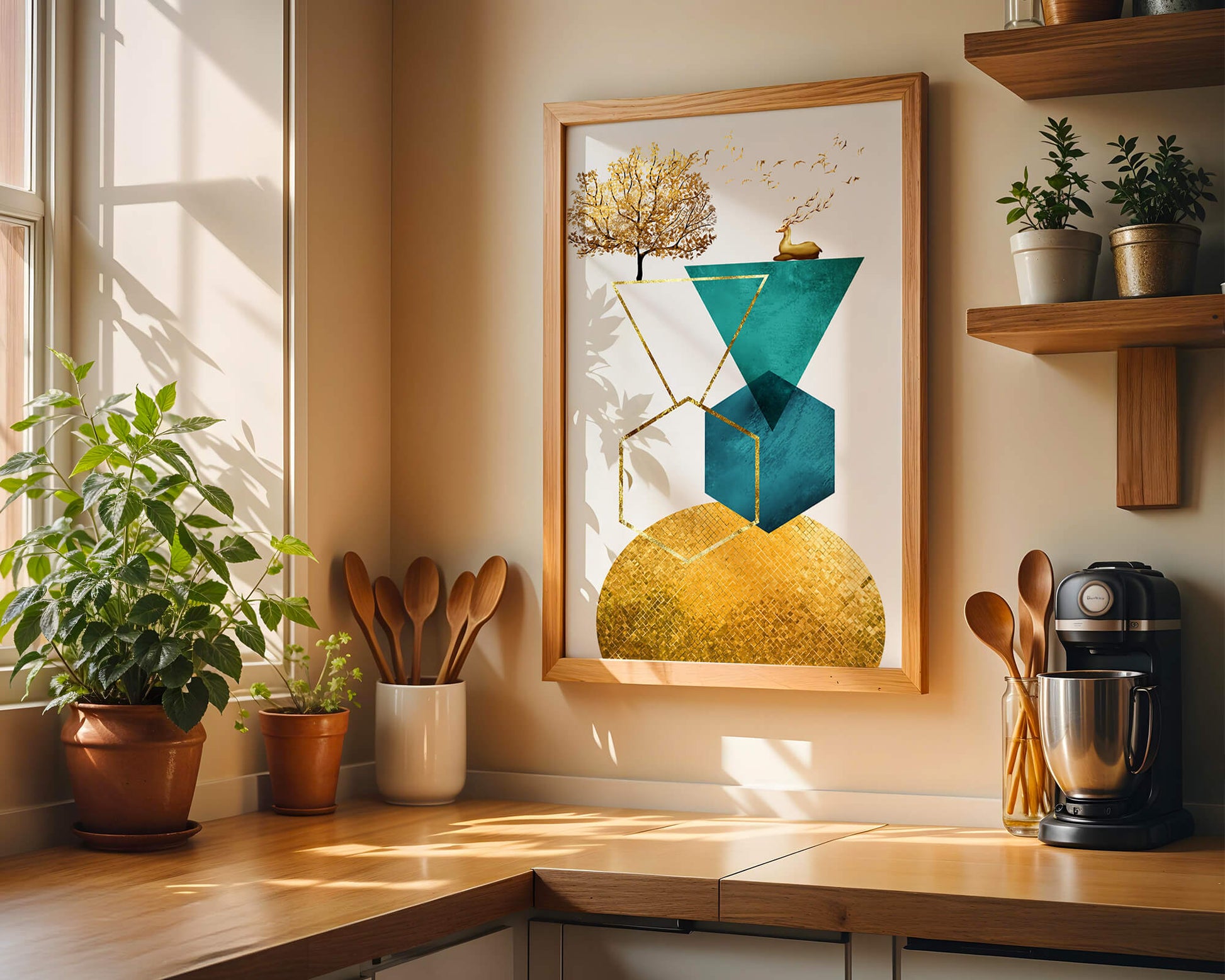 Abstract Geometric Composition with Golden Deer and Tree