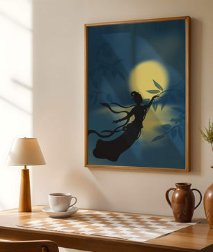 Silhouette of a Woman Reaching for Leaves in Front of a Full Moon