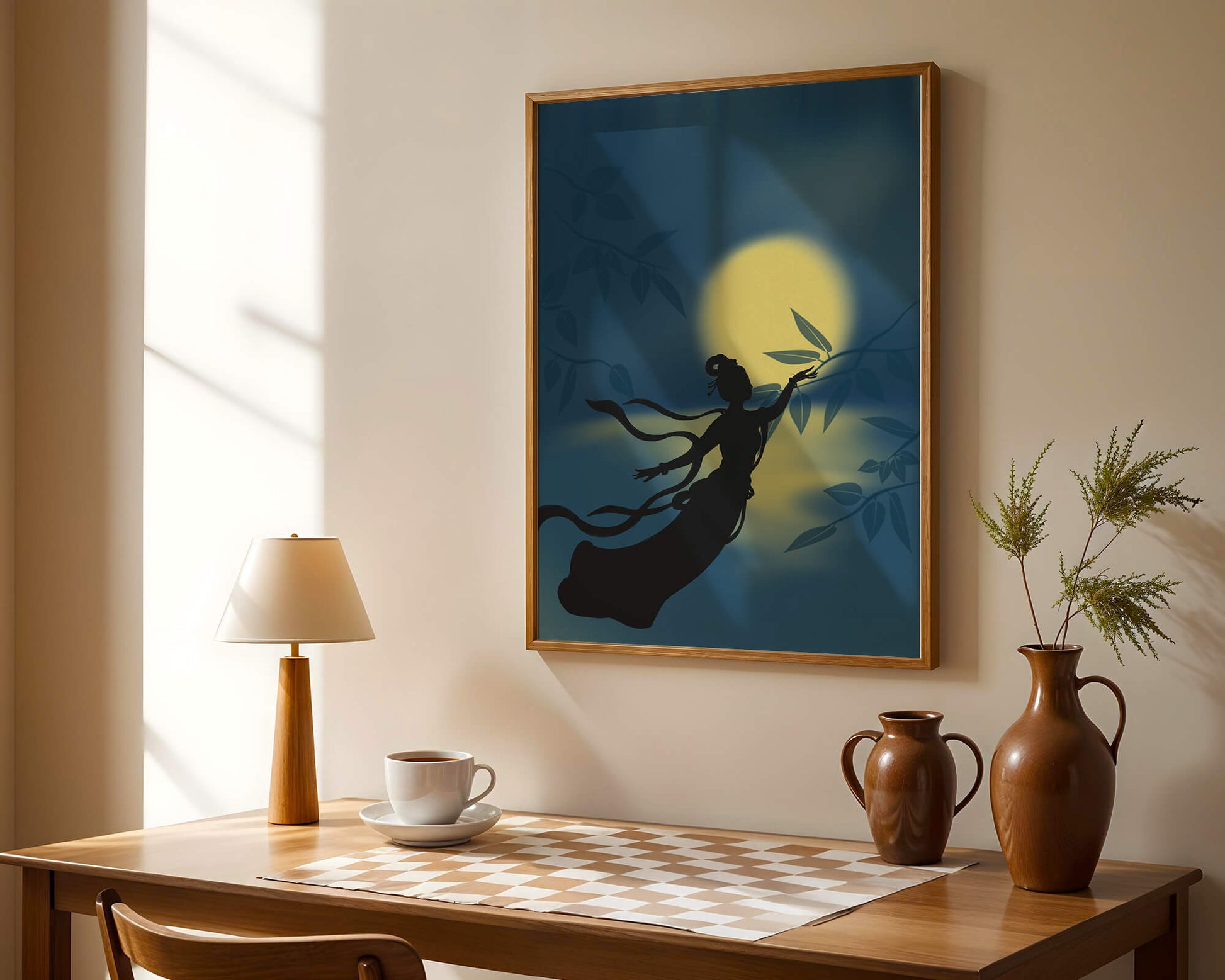 Silhouette of a Woman Reaching for Leaves in Front of a Full Moon