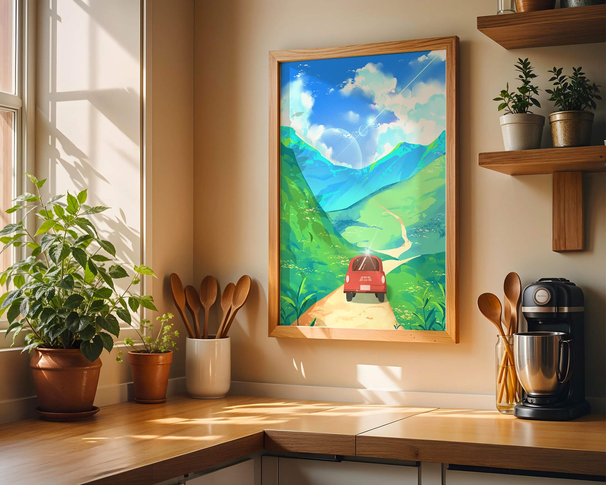 Red Car on a Scenic Road Through Green Hills Under a Vibrant Blue Sky