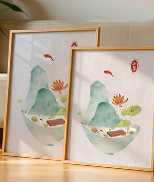 Paysage tranquille avec poissons, lotus et montagne dans un bol