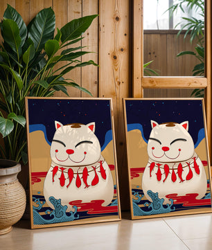 Japanese Lucky Cat with Fish Design in a Surreal Landscape