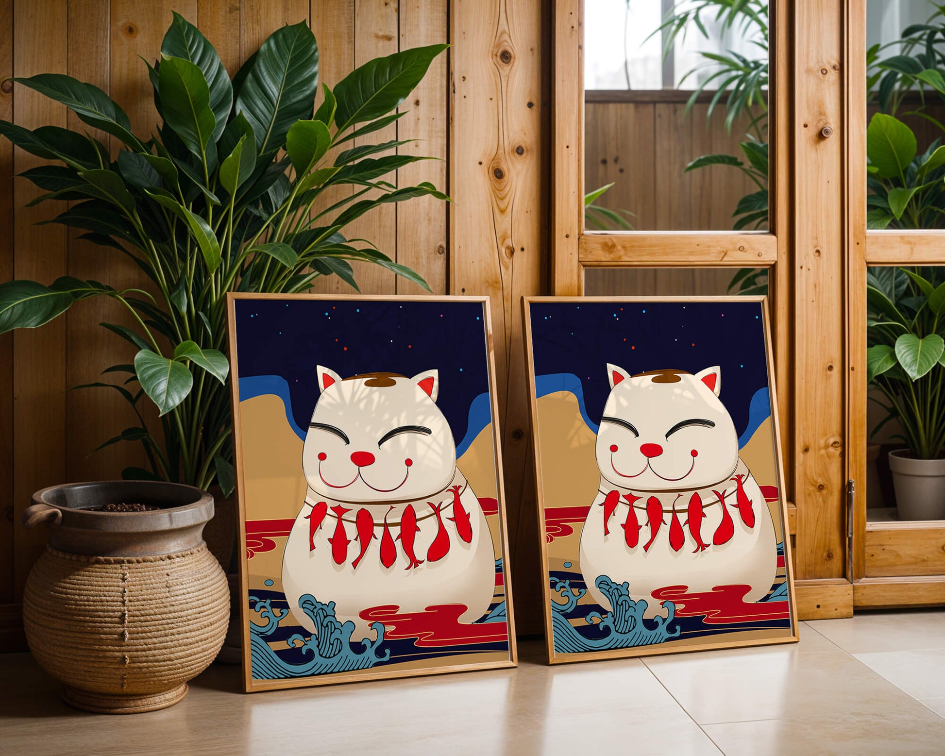 Japanese Lucky Cat with Fish Design in a Surreal Landscape