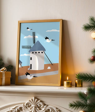 Windmill Landscape with Birds in a Minimalist Style