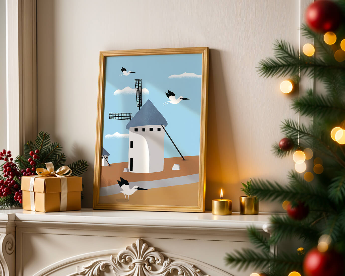 Paisaje de molino de viento con pájaros en estilo minimalista