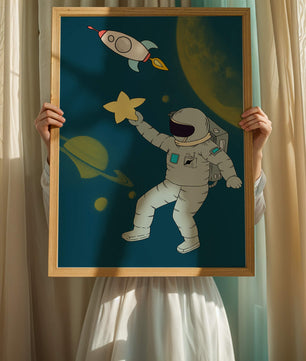 Astronaut Reaching for Star with Rocket and Planets in Space Scene - Mi tienda
