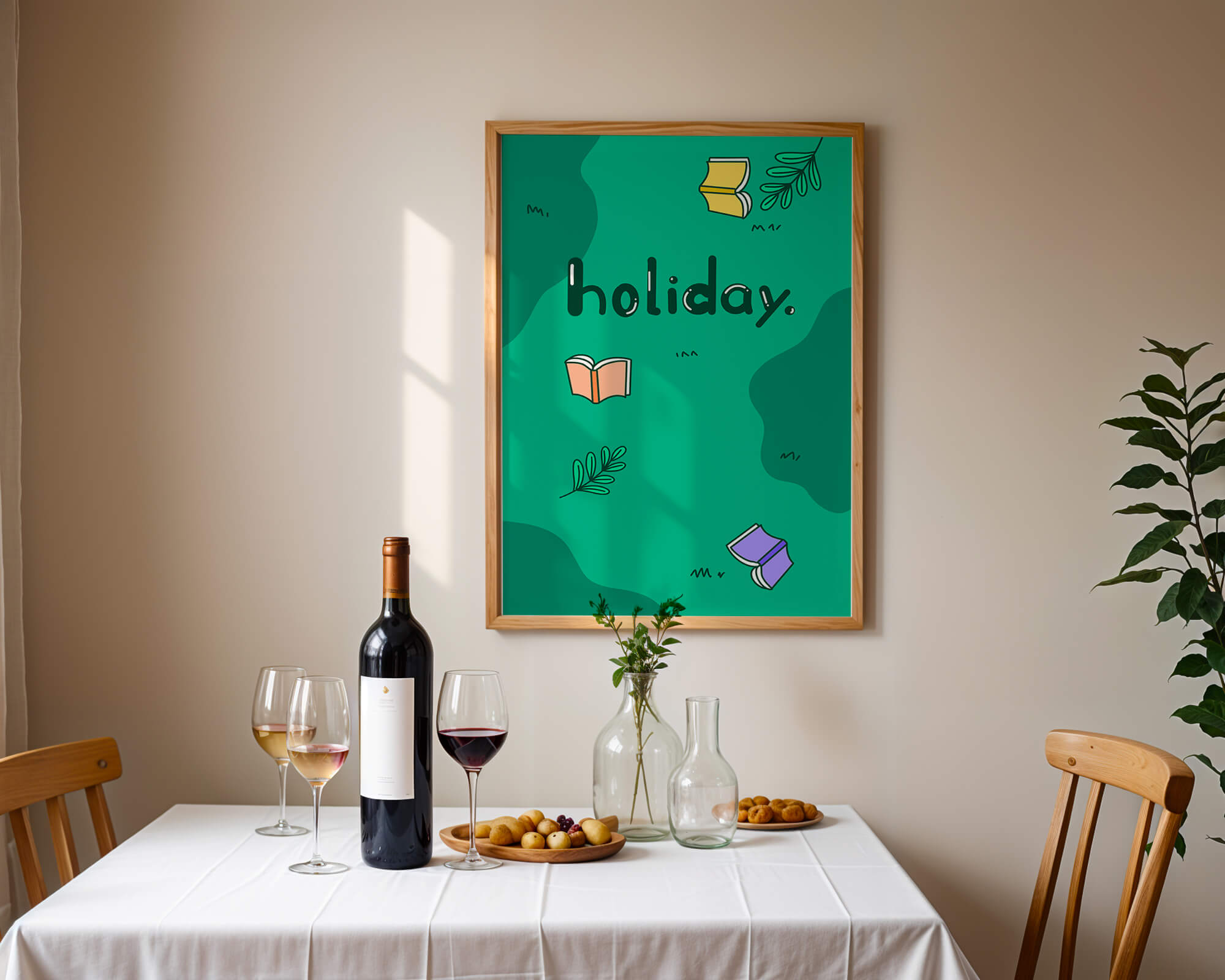 Colorful holiday-themed design with books and leaves