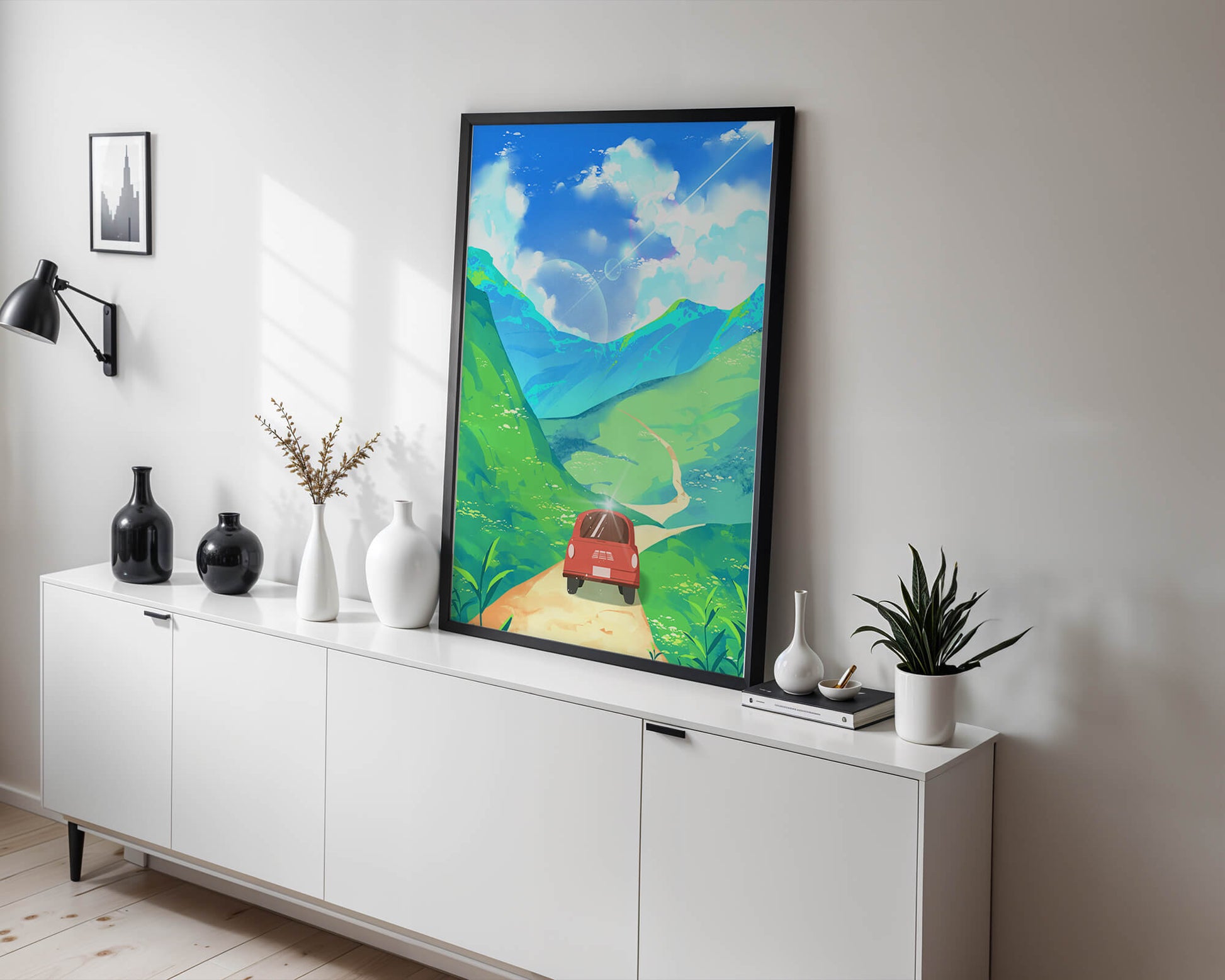 Red Car on a Scenic Road Through Green Hills Under a Vibrant Blue Sky