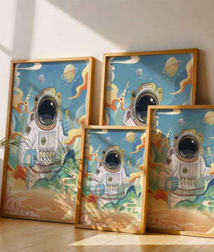 Colorful illustration of an astronaut in space with planets and rocket