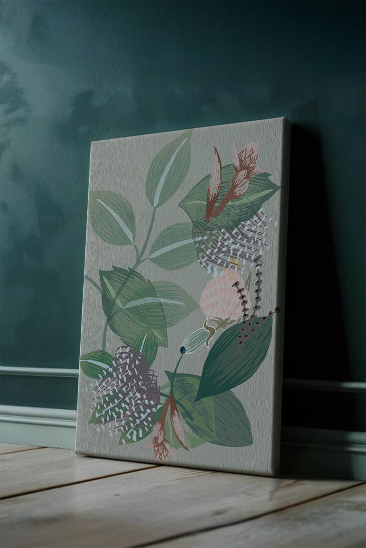Floral botanical pattern with green leaves and delicate flowers