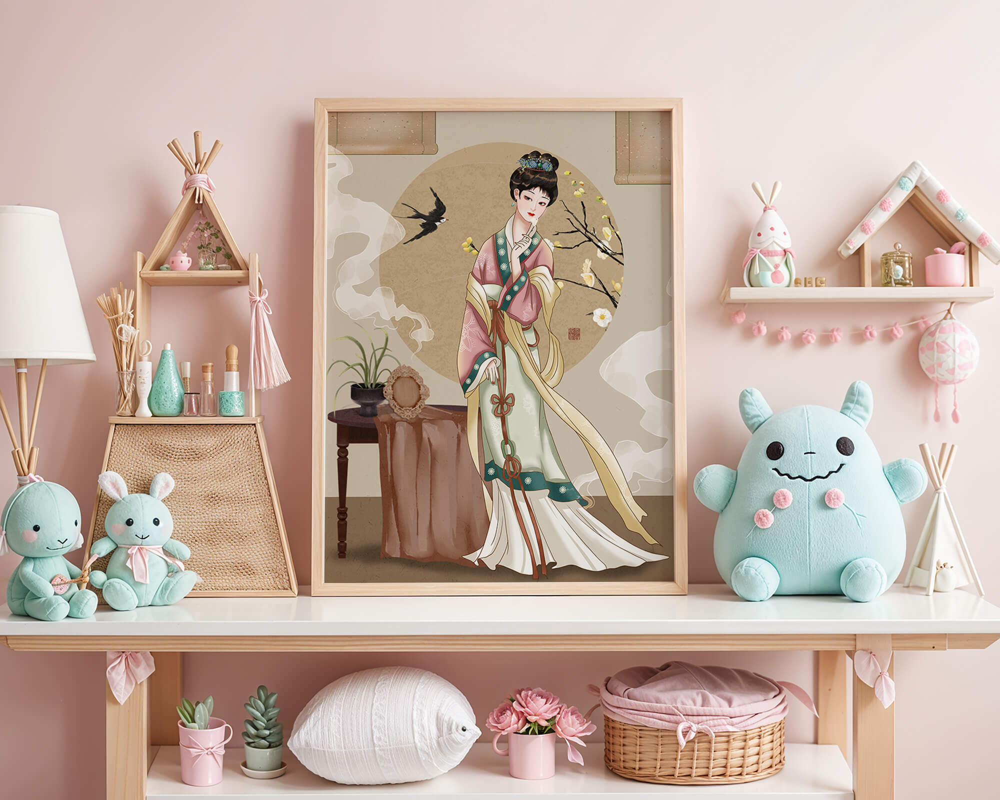 Elegant traditional Asian lady in classic attire with nature elements