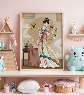 Elegant traditional Asian lady in classic attire with nature elements
