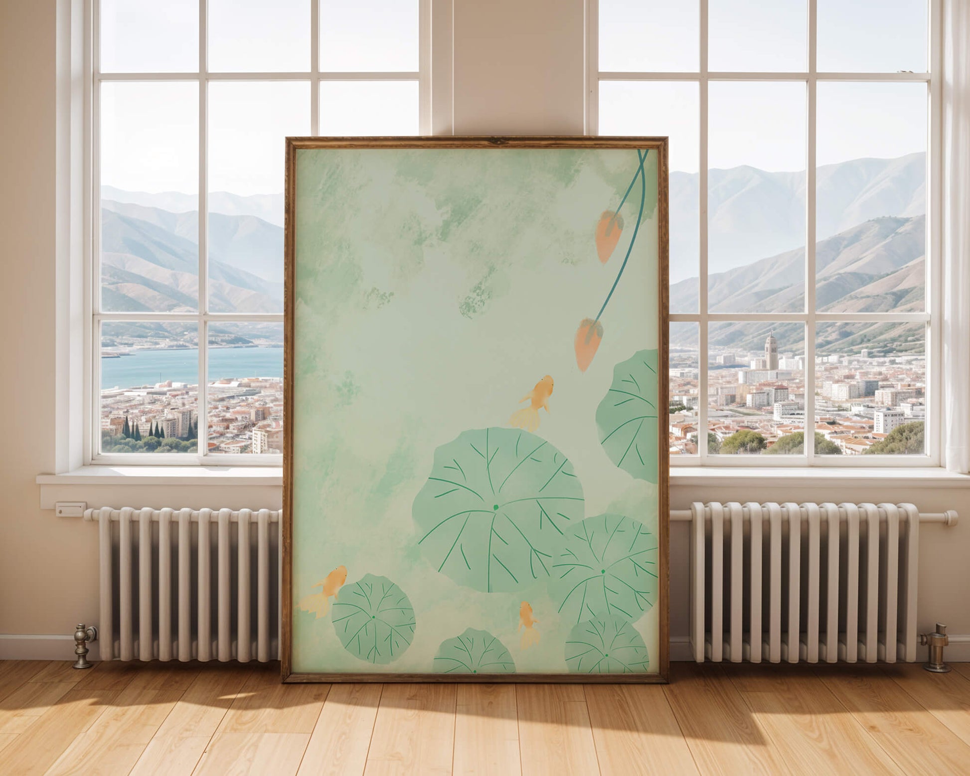 Serene Pond Scene with Goldfish and Lotus Leaves