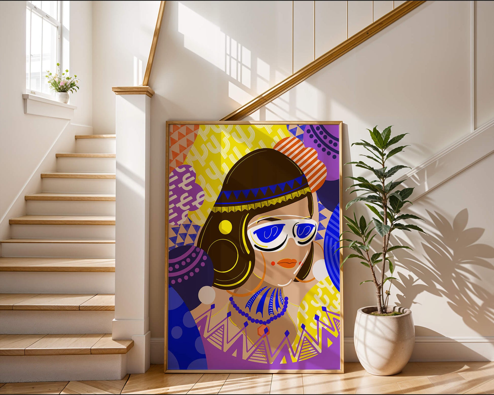 Portrait abstrait coloré avec des motifs géométriques vibrants