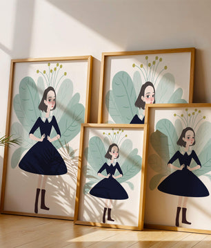 Ilustración de una chica caprichosa con hojas y elementos florales