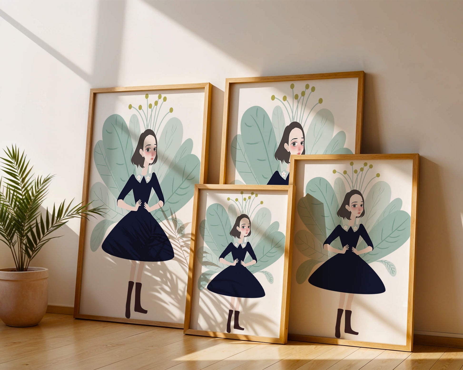 Illustration of a whimsical girl with leaves and floral elements