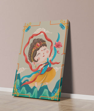 Whimsical illustration of a joyful child deity with lotus and clouds