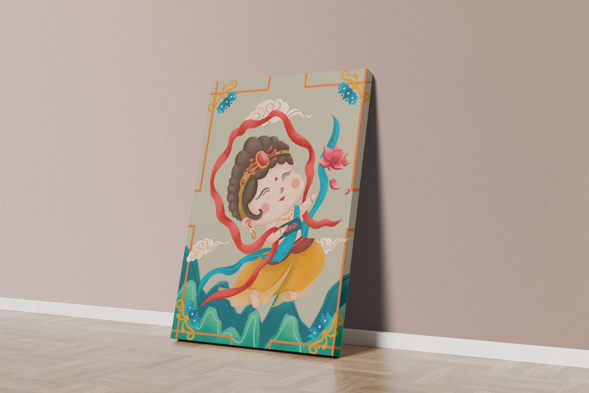 Whimsical illustration of a joyful child deity with lotus and clouds