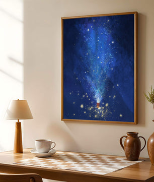 Feu d'artifice bleu dans la nuit avec étincelles dorées