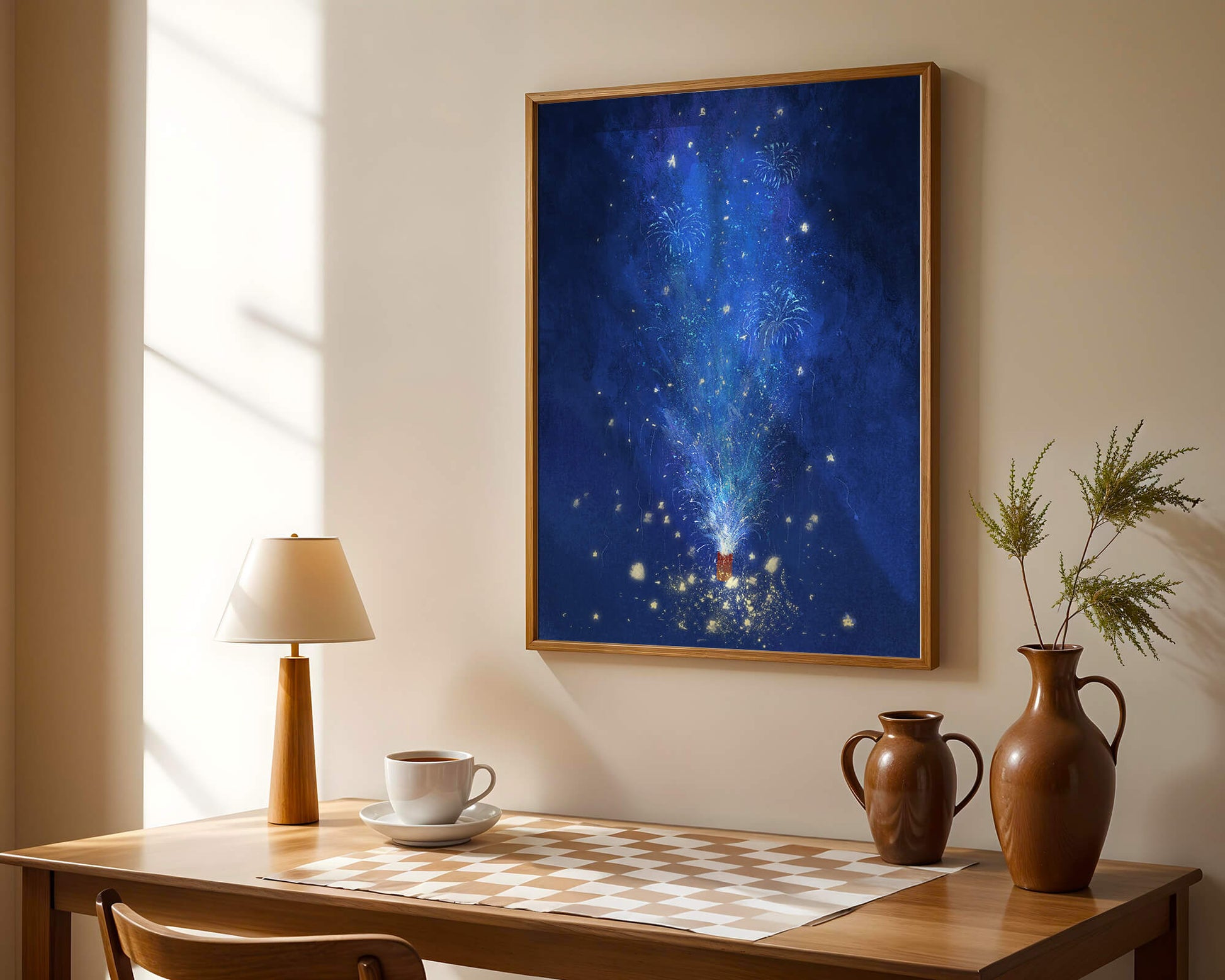 Feu d'artifice bleu dans la nuit avec étincelles dorées