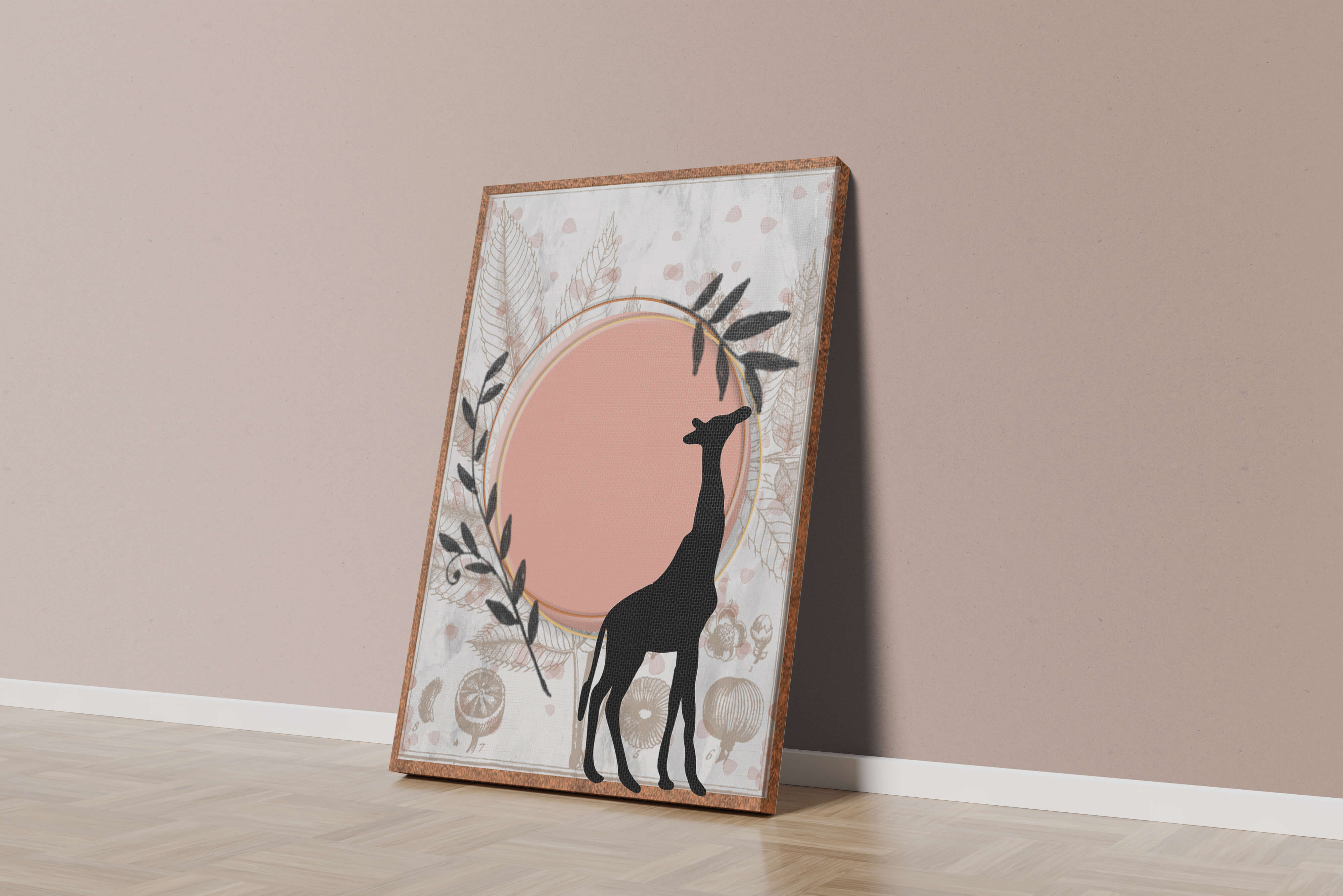 Nature-inspired artwork with giraffe silhouette and botanical elements