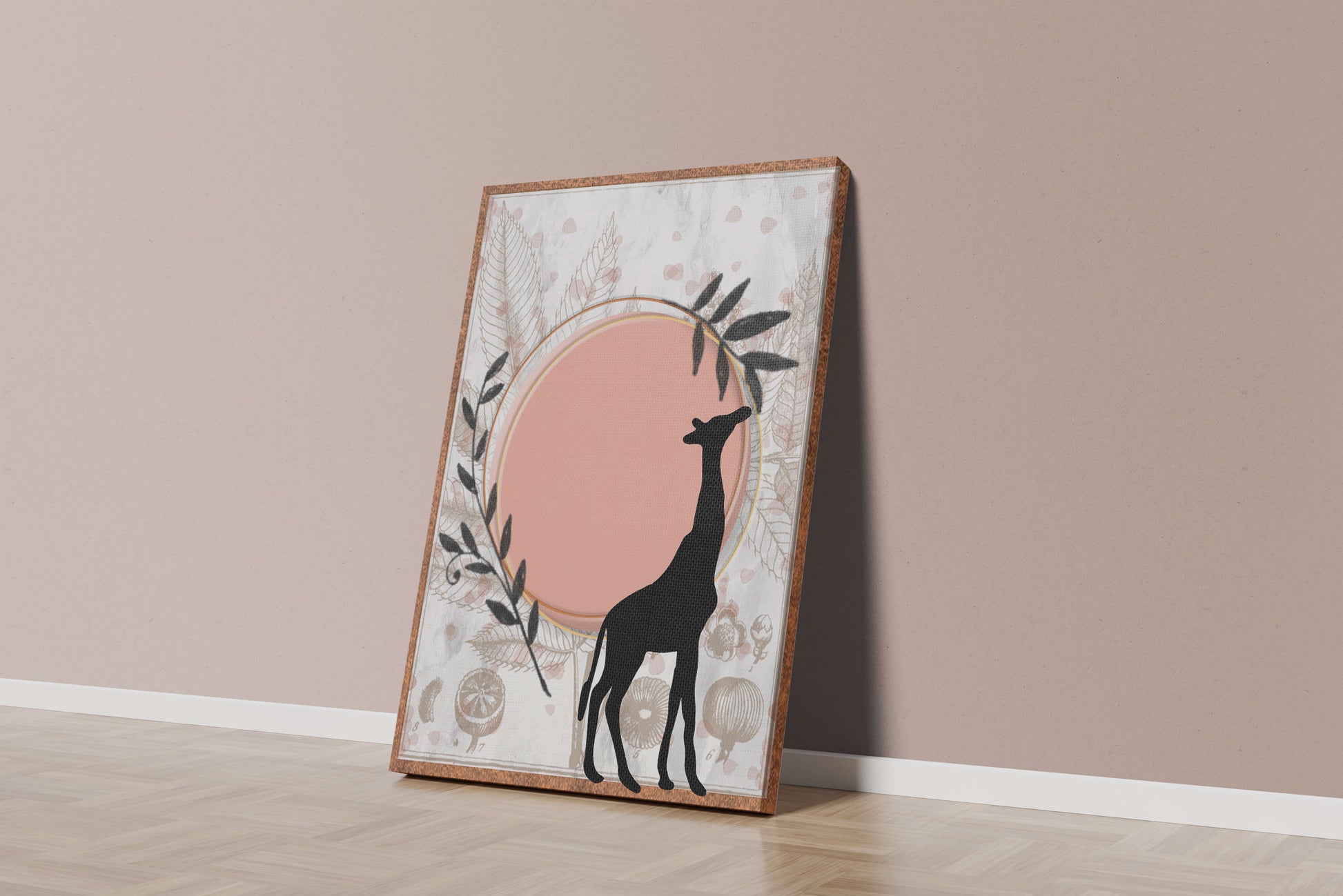 Nature-inspired artwork with giraffe silhouette and botanical elements