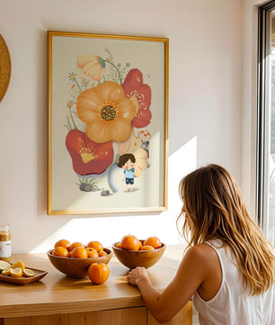 Charming Illustration of Children among Large Flowers with Playful Puppy
