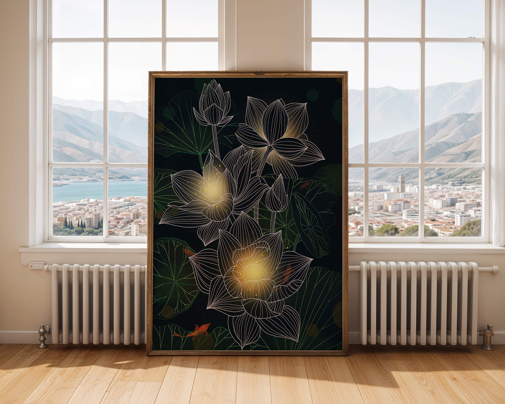 Flores de loto con detalles luminosos y peces koi bajo el agua