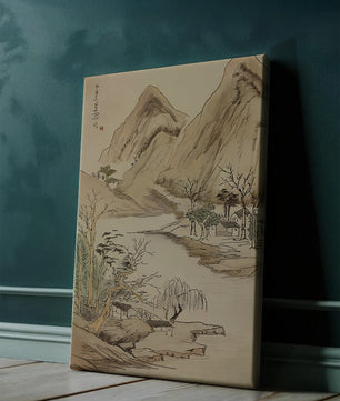 Paisaje sereno con montañas y río en estilo tradicional