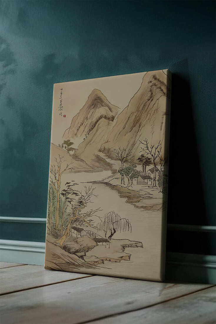 Paisaje sereno con montañas y río en estilo tradicional