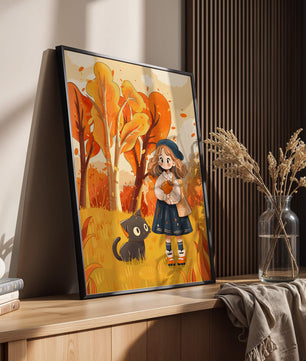 Girl with Cute Cat in Autumn Forest with Colorful Leaves