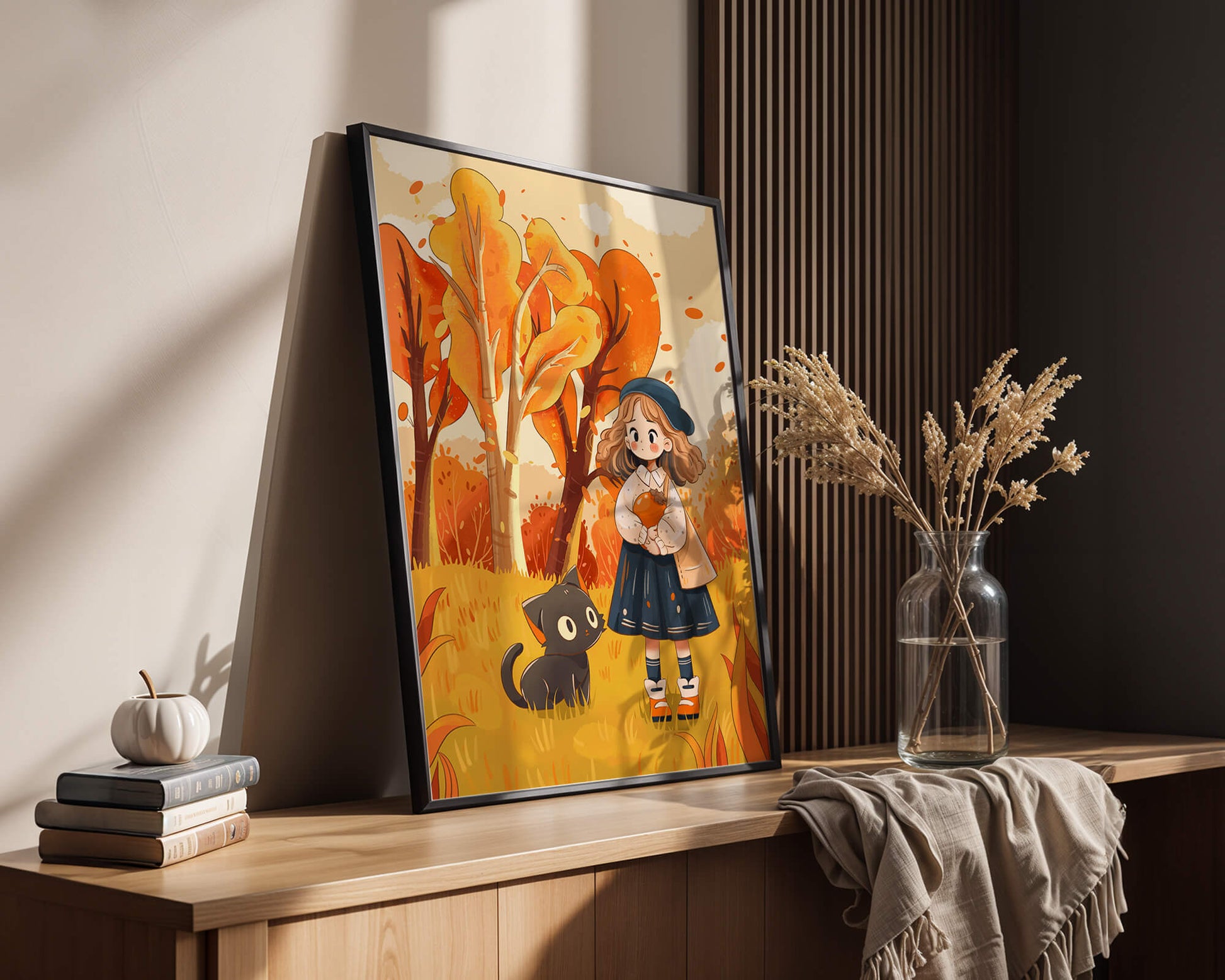 Girl with Cute Cat in Autumn Forest with Colorful Leaves