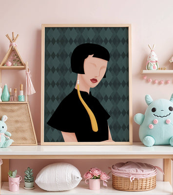 Elegant woman with short hair and golden earring on patterned background