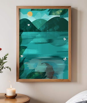 Tranquil Mountain Lake with Butterflies at Sunrise