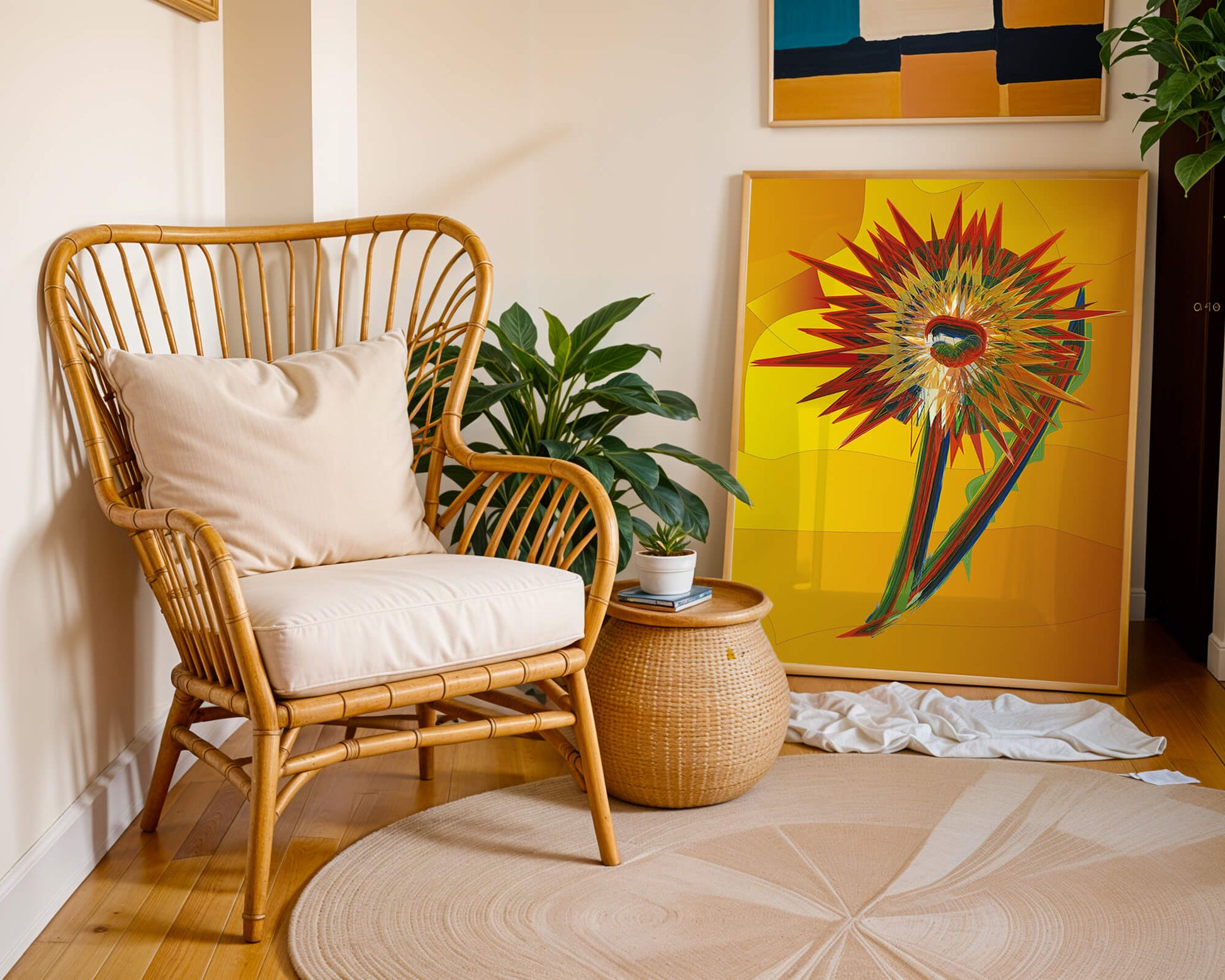 Abstract vibrant sunflower art with dynamic geometric shapes