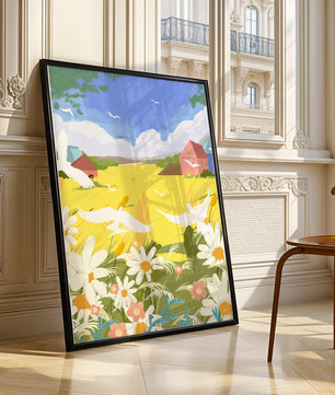 Summer Landscape with Birds and Flowers in a Pastoral Setting