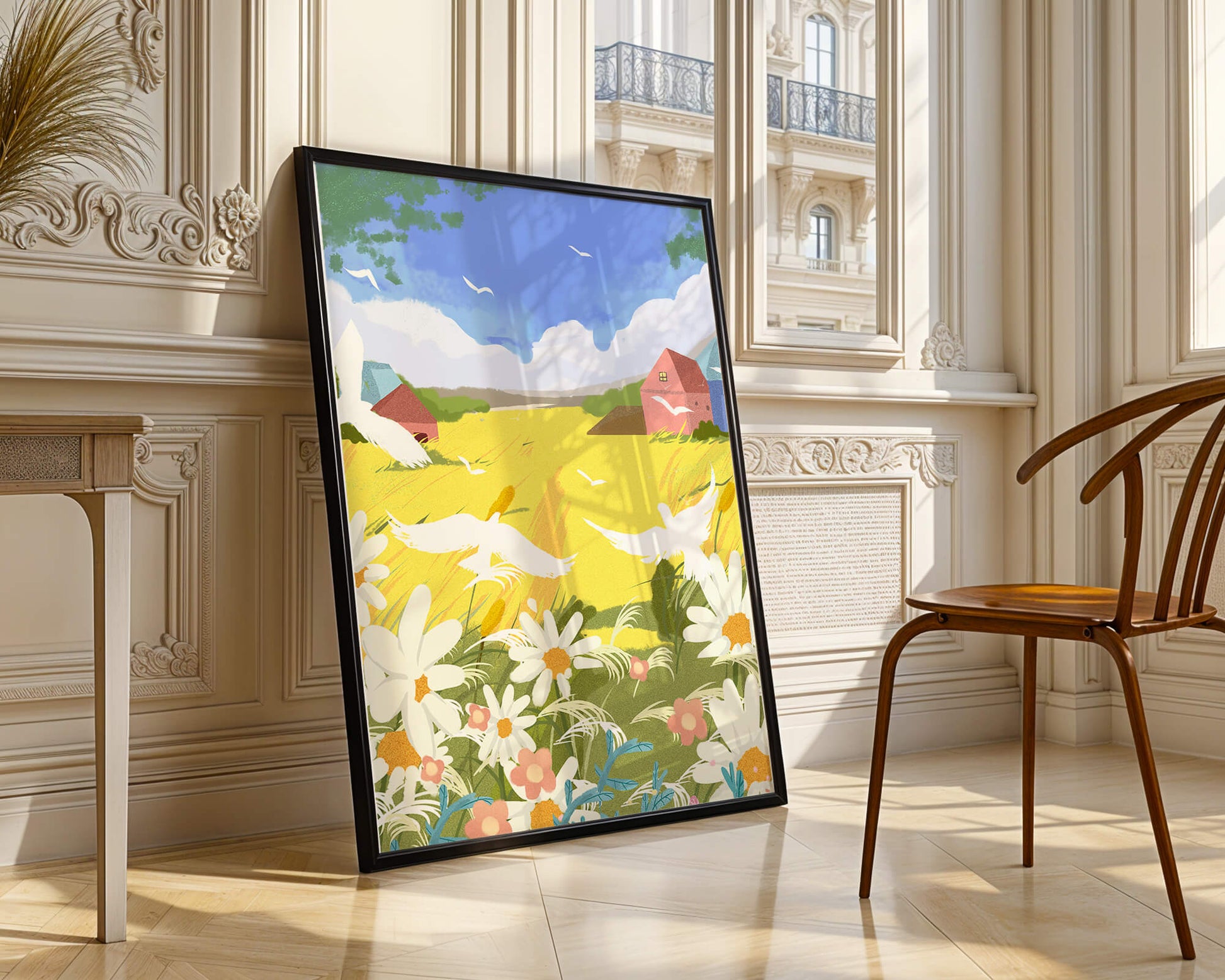 Summer Landscape with Birds and Flowers in a Pastoral Setting