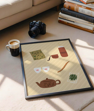 Illustración de un juego de té tradicional con hojas de té y accesorios