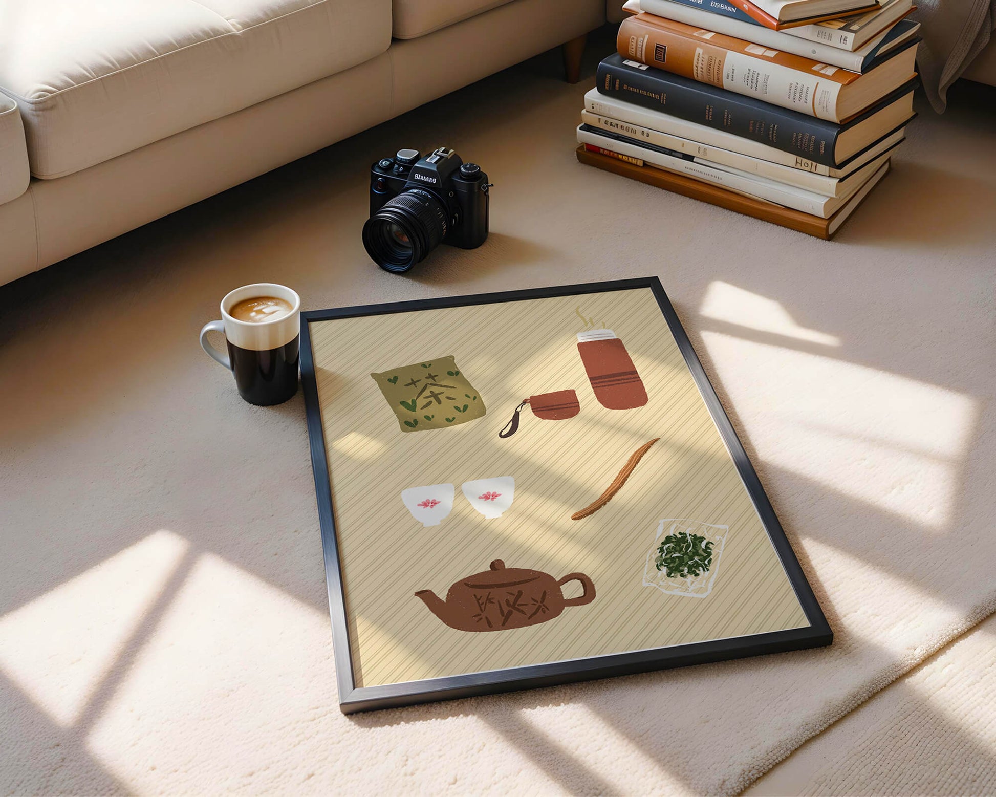 Illustración de un juego de té tradicional con hojas de té y accesorios